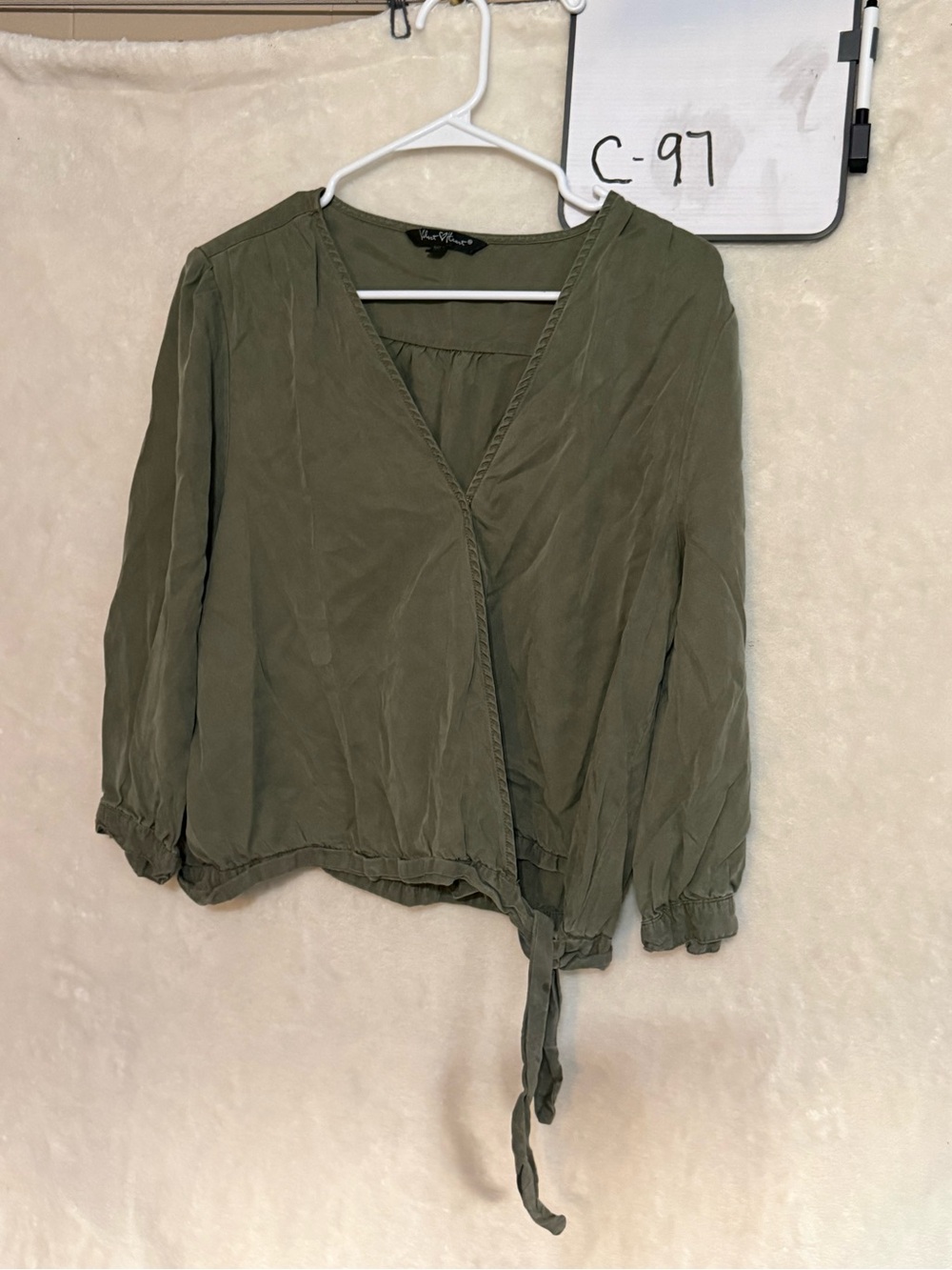 Velvet Heart Olive Wrap-Front Blouse with Tie